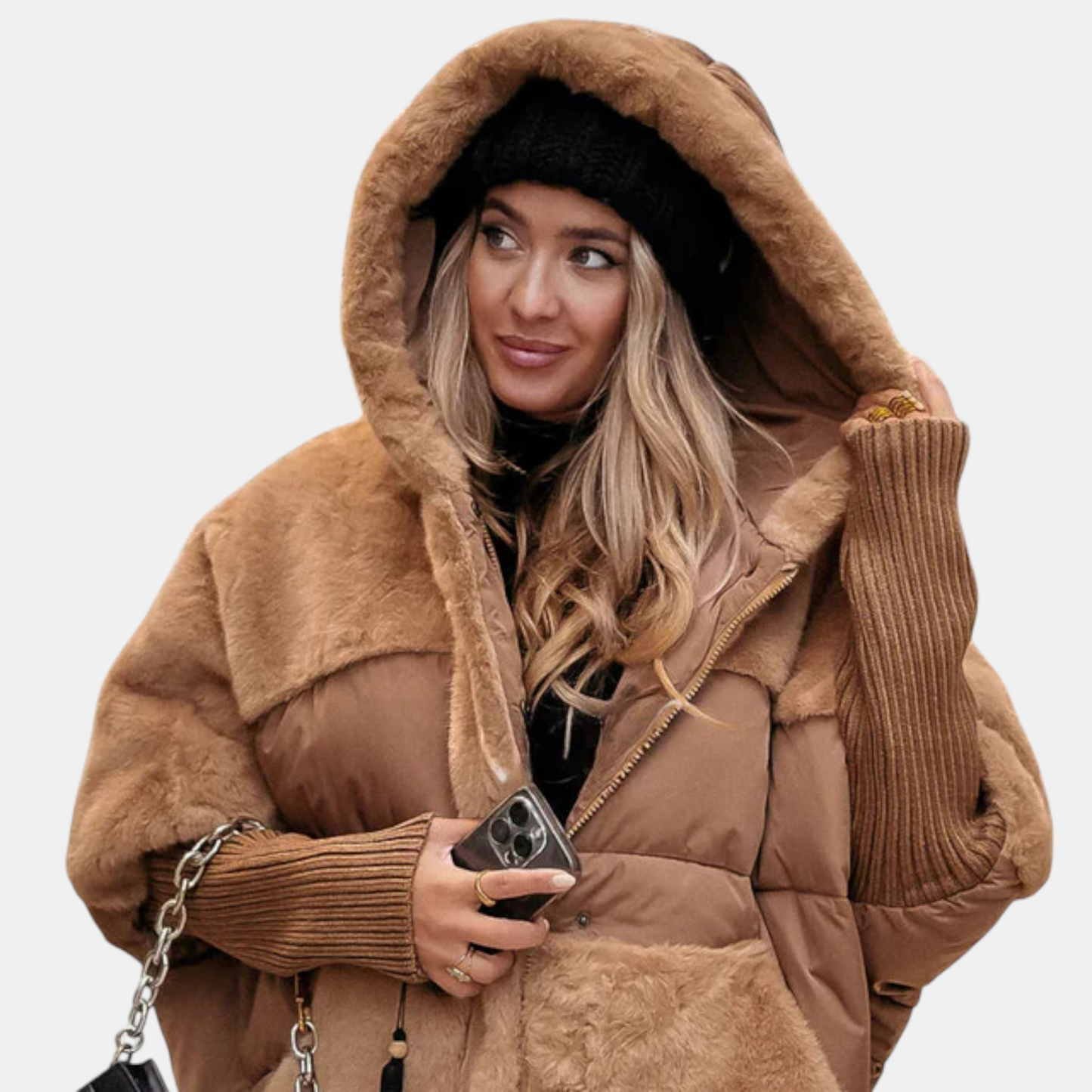 Oversized Kurtka Puchowa z Kapturem w Stylu Patchwork