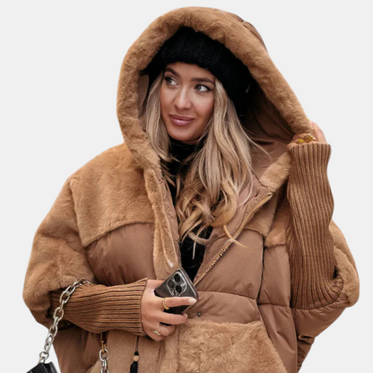 Oversized Kurtka Puchowa z Kapturem w Stylu Patchwork