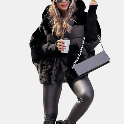 Oversized Kurtka Puchowa z Kapturem w Stylu Patchwork