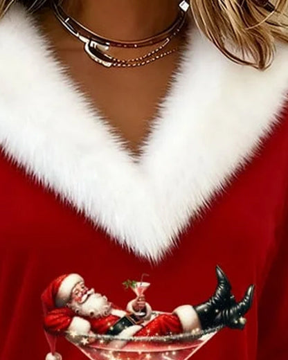 Bluzka damska | Bluzka z nadrukiem i futrzanym wykończeniem