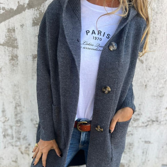 Kardigan damski długi | z guzikami i kieszeniami