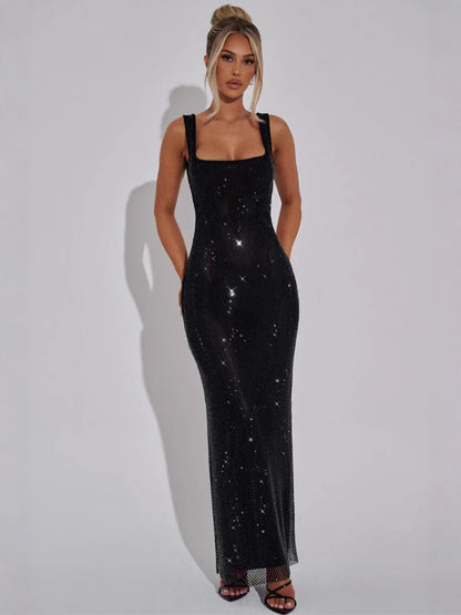 Eaksone - Sukienka Maxi z cekinami i kwadratowym dekoltem