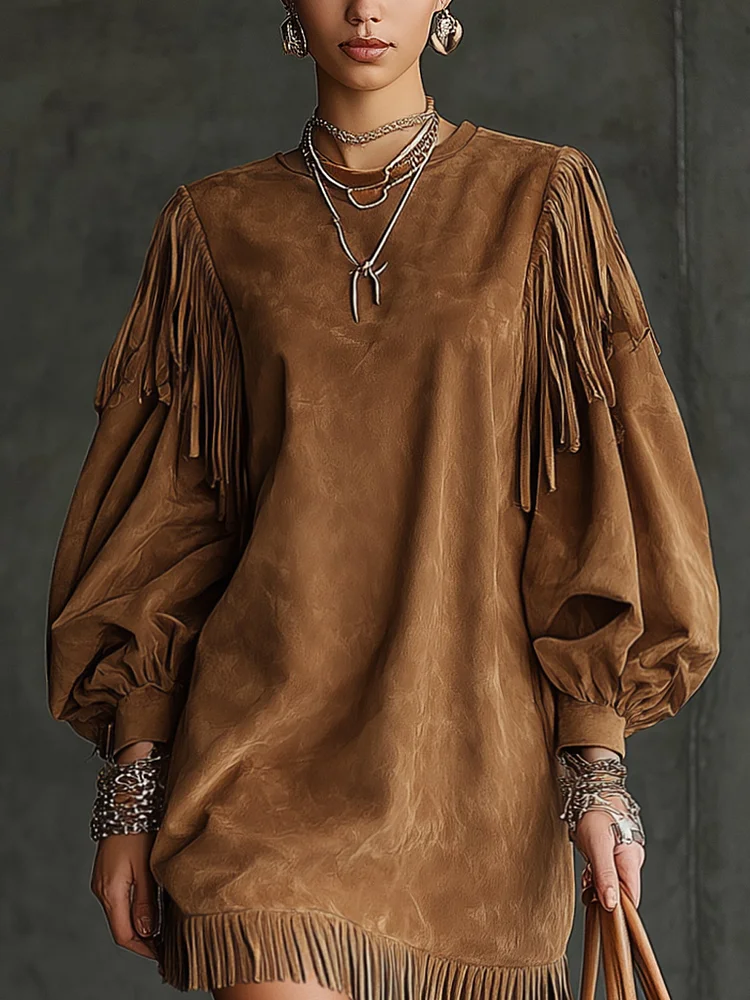 Mia | vintage mini sukienka zamszowa z frędzlami