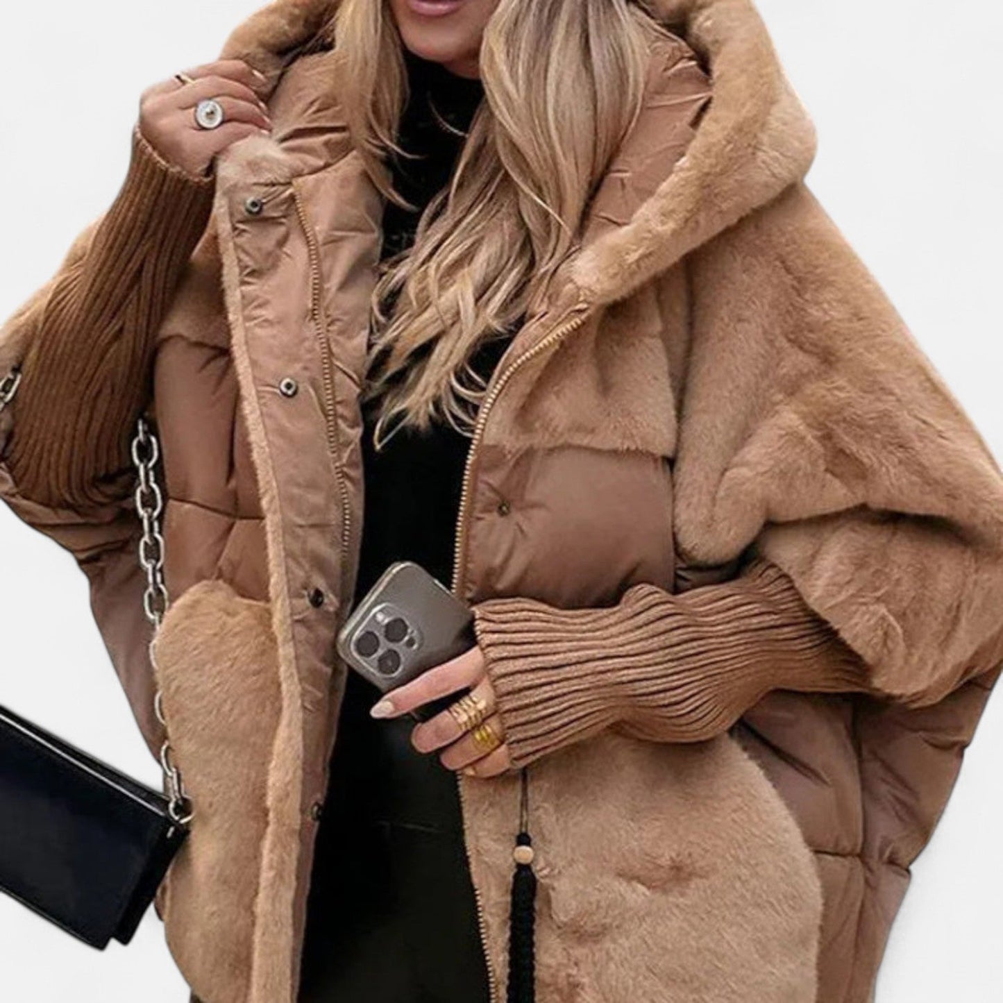 Oversized Kurtka Puchowa z Kapturem w Stylu Patchwork